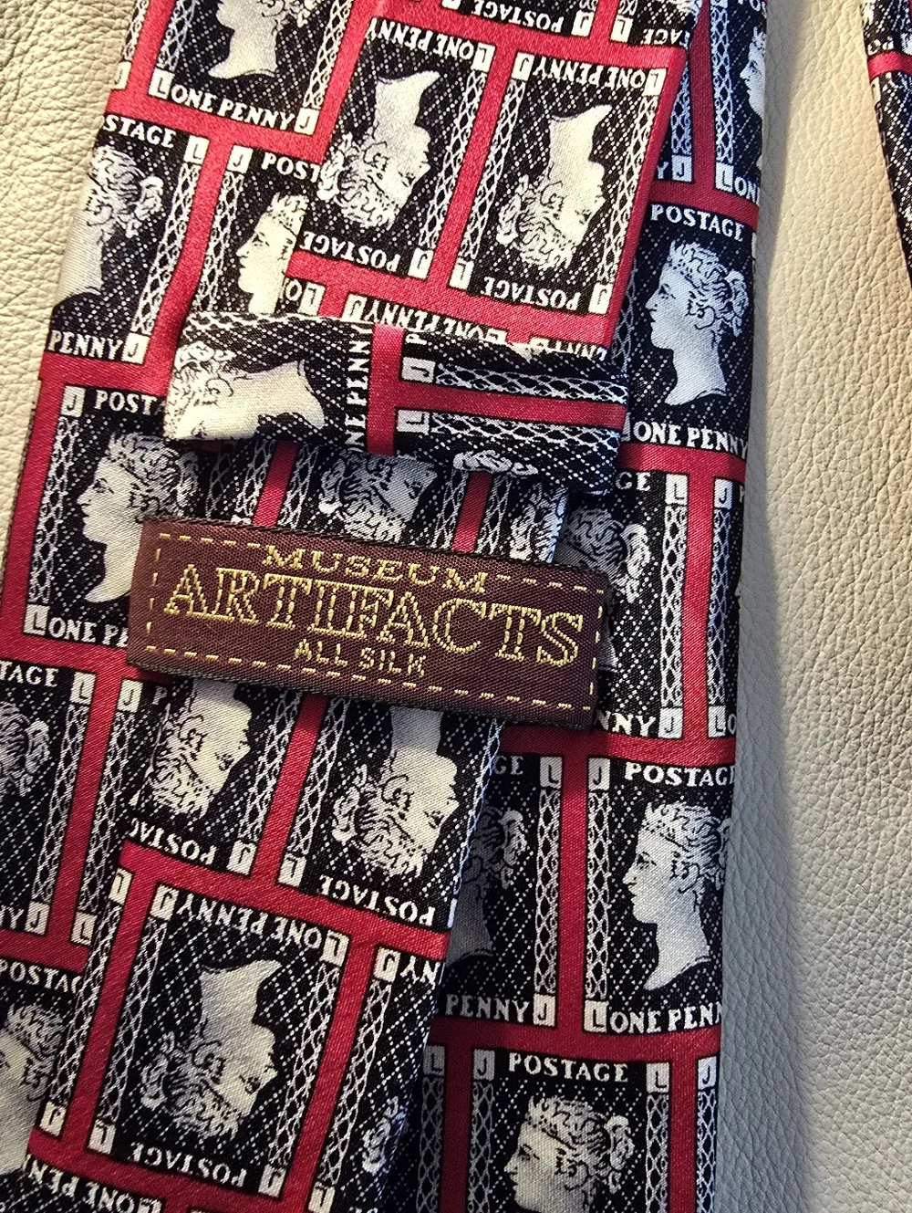 Museum Artifacts Men's Penny Black Postage Stamp Silk Necktie